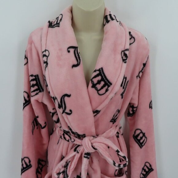 Juicy Couture L/XL Extra Large Pink Black Logo Crown Plush Bathrobe Robe NEW - Picture 2 of 11